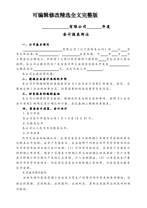 会计报表附注范本精选全文完整版