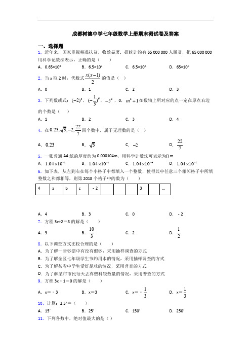成都树德中学七年级数学上册期末测试卷及答案