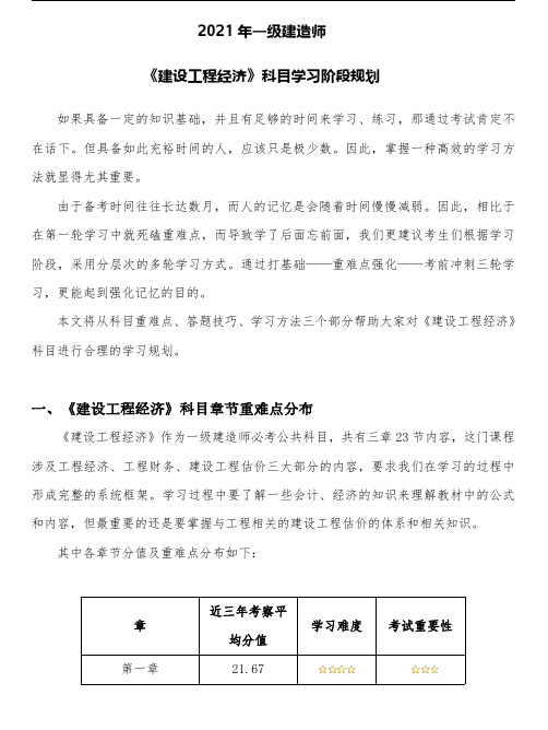 2021年一级建造师《建设工程经济》重难点学习规划手册