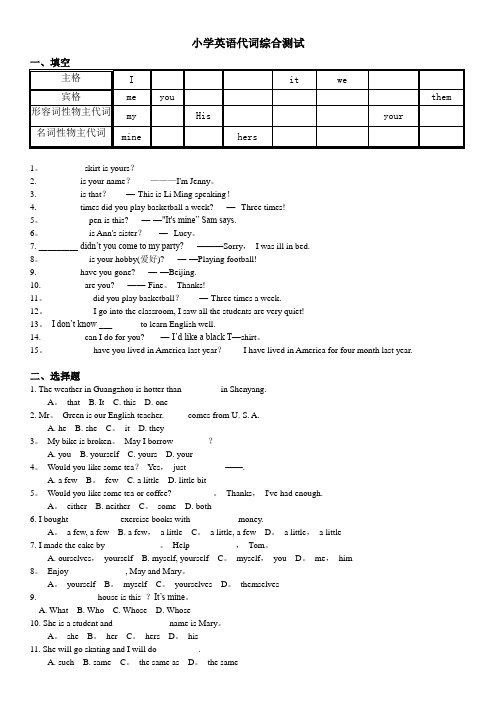 小学英语代词综合测试及答案