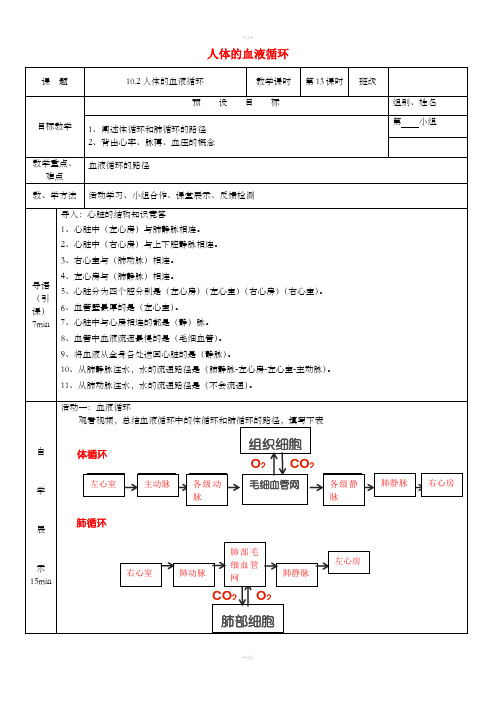 七年级生物下册 10.2人体的血液循环(第2课时)学案 (新版)苏教版