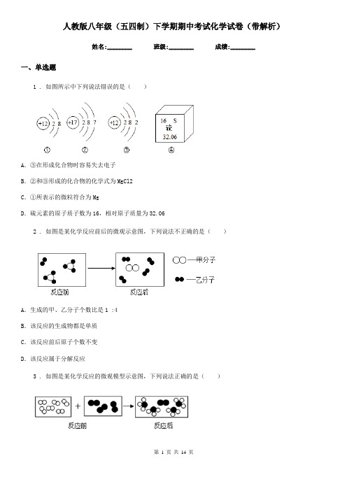 人教版八年级(五四制)下学期期中考试化学试卷(带解析)
