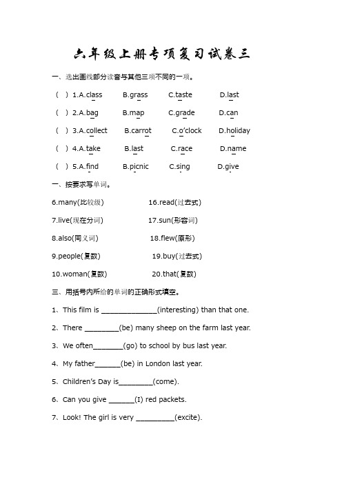 译林版六年级英语上册专题复习试卷三.doc