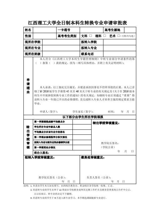 江西理工大学全日制本科生转换专业申请审批表