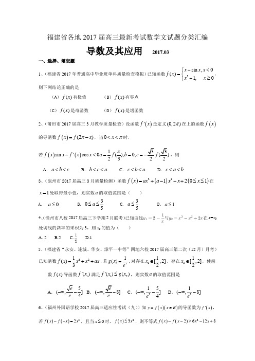 福建省各地2017届高三最新考试数学文试题分类汇编：导数及其应用