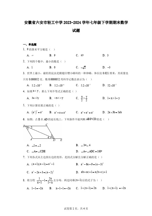 安徽省六安市轻工中学2023-2024学年七年级下学期期末数学试题