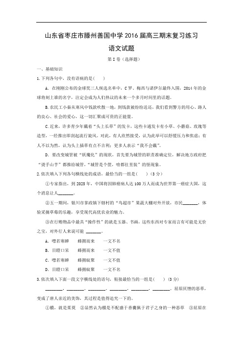 山东省枣庄市滕州善国中学2016届高三期末复习练习语文试题及答案