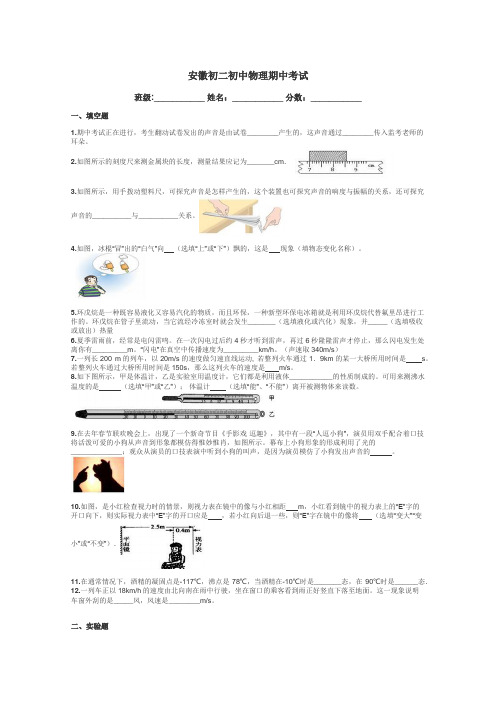 安徽初二初中物理期中考试带答案解析
