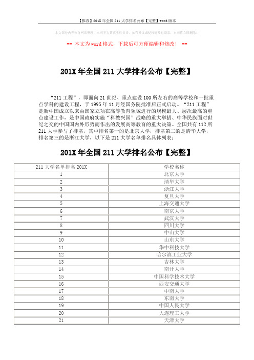 【推荐】201X年全国211大学排名公布【完整】word版本 (4页)