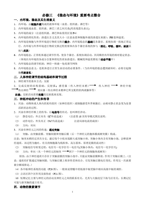 高中生物：稳态与环境重要考点整合