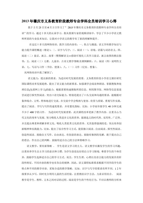 2013年肇庆市义务教育阶段教师专业学科全员培训学习心得