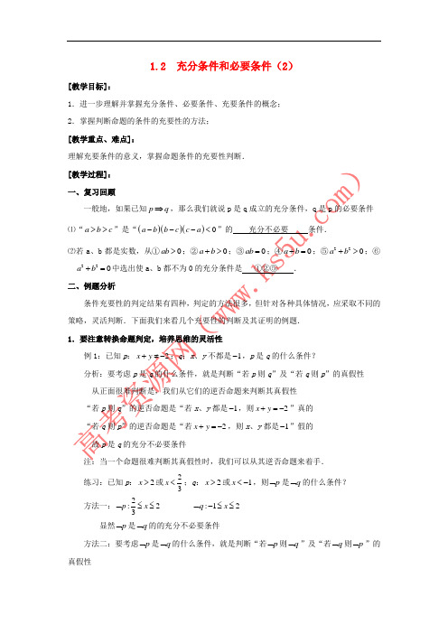 广东省平远县高中数学 第一章 常用逻辑用语 1.2 充分条件和必要条件(2)教案 新人教A版选修1-