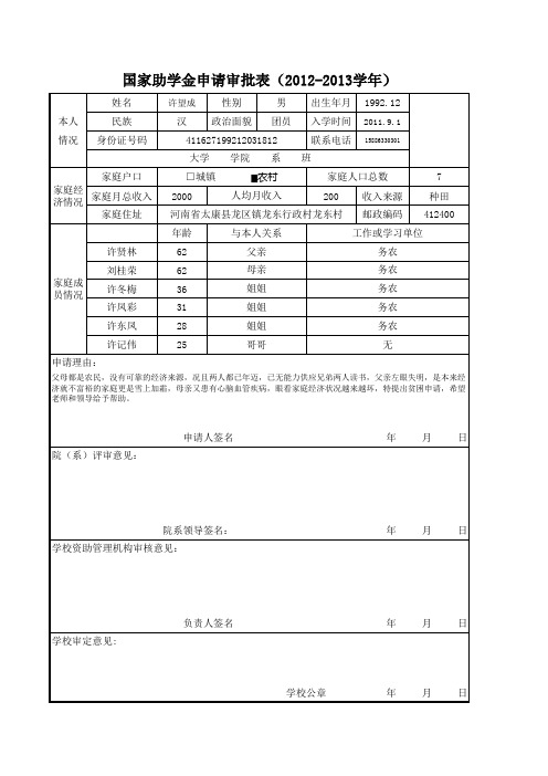 学院—国家助学金申请审批表