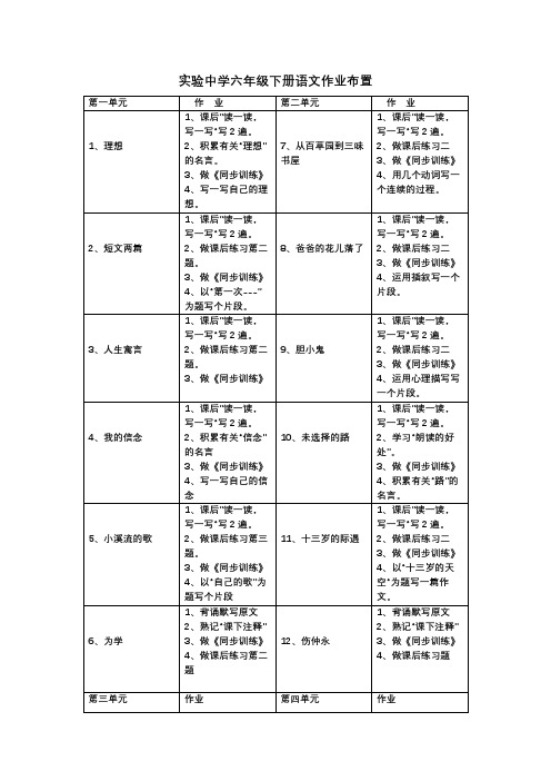 实验中学六年级下册语文作业布置