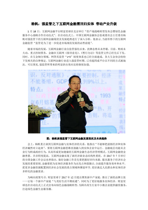 杨帆：强监管之下互联网金融需回归实体