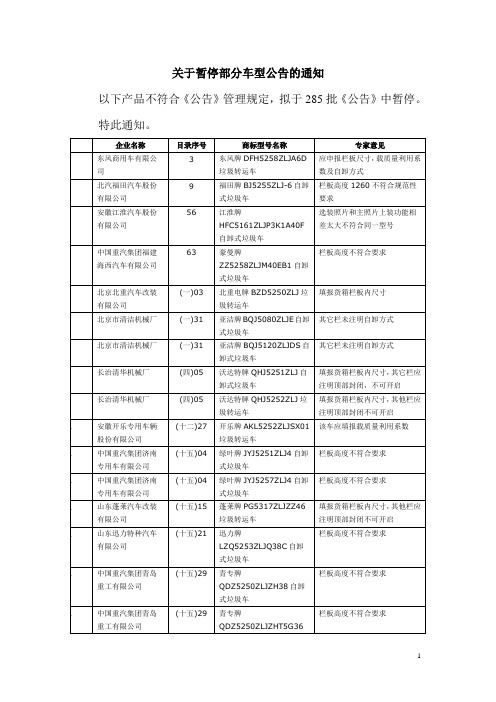 关于暂停部分车型公告的通知
