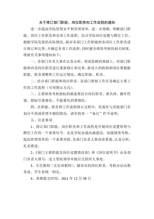 关于修订部门职能、岗位职责和工作流程的通知