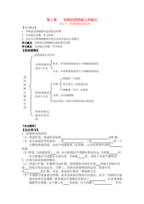 高中物理第4章 细胞的物质输入和输出教案新人教版必修1