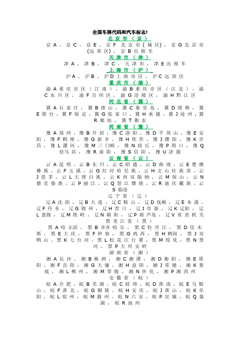 全国车牌代码