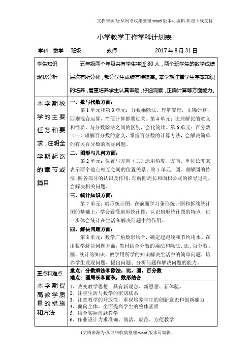 2017人教版小学六年级上册数学教学计划