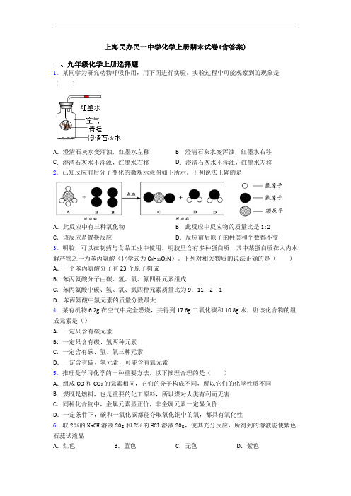 上海民办民一中学化学初三化学上册期末试卷(含答案)