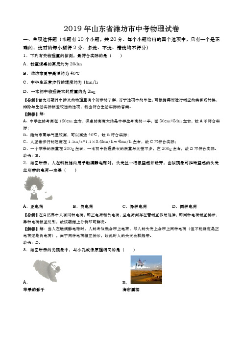 2019年山东省潍坊市中考物理试题(word版,含解析)