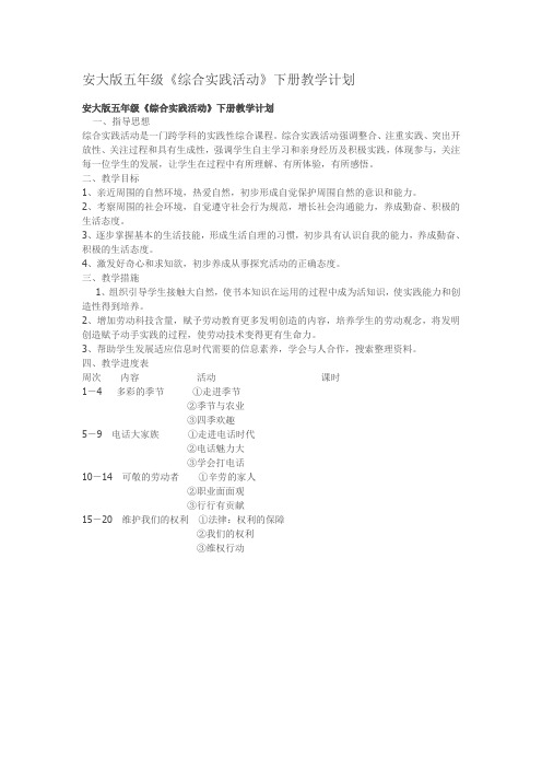 安大版五年级下综合计划