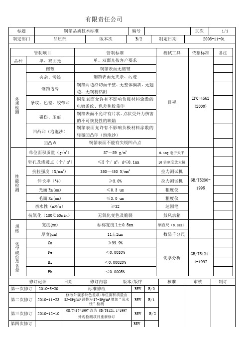 铜箔品质技术标准