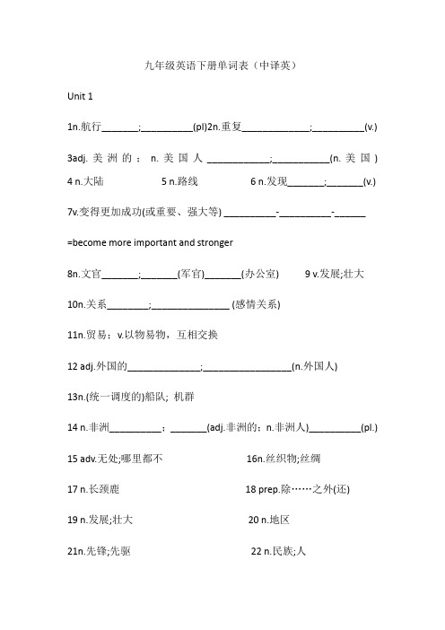 牛津版深圳(中译英)九年级英语下学期词汇-单词表--中译英(无答案)