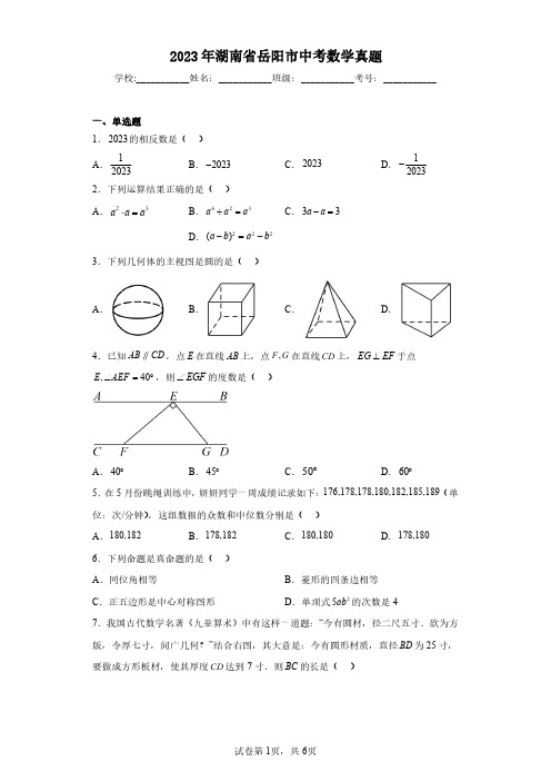 2023年湖南省岳阳市中考数学真题(含参考答案)