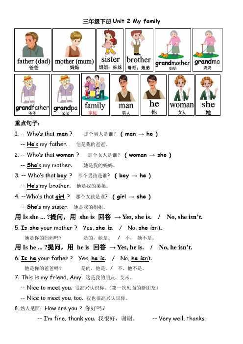 PEP小学英语三年级下册Unit 2 My family 单元复习整合