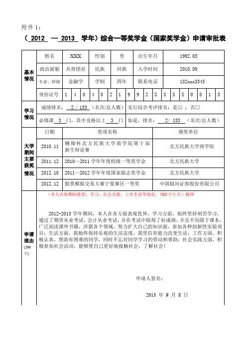 综合一等奖学金申请审批表
