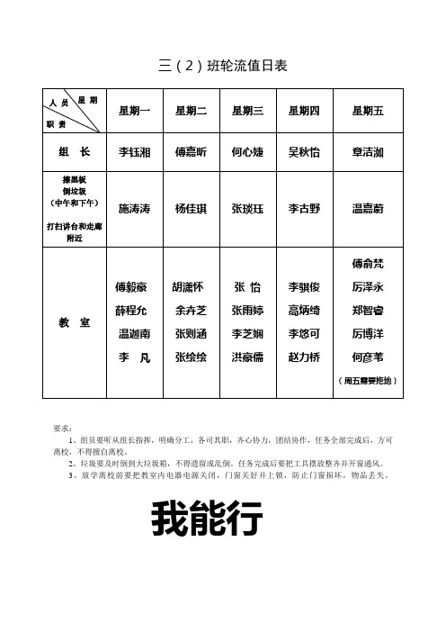 班级轮流值日表