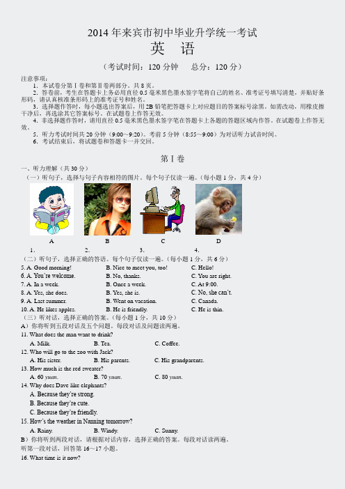 2014全国中考真题荟萃-广西来宾
