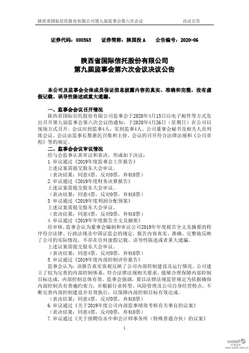 陕国投A：第九届监事会第六次会议决议公告