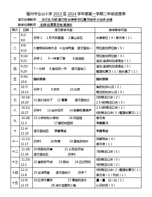 福州市仓山小学2013至2014学年度第一学期二年级进度表
