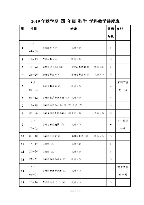 人教版四年级数学下册教学进度表