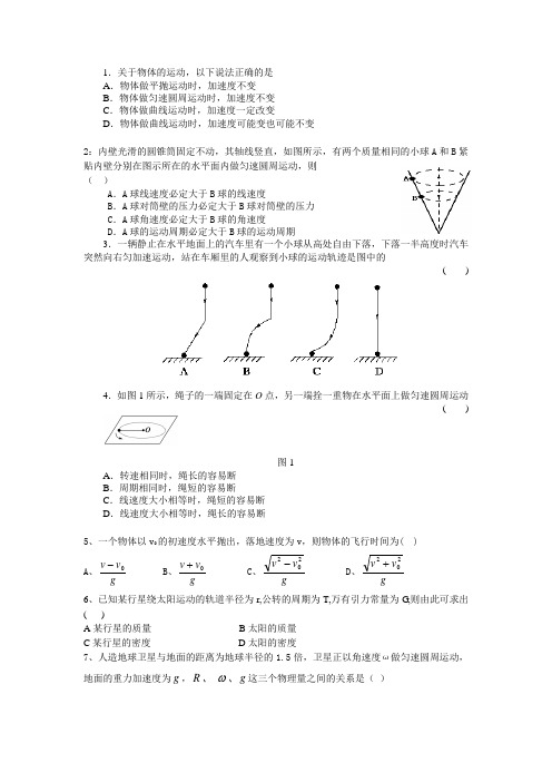 曲线运动与万有引力综合考试_难度中上_含答题卷