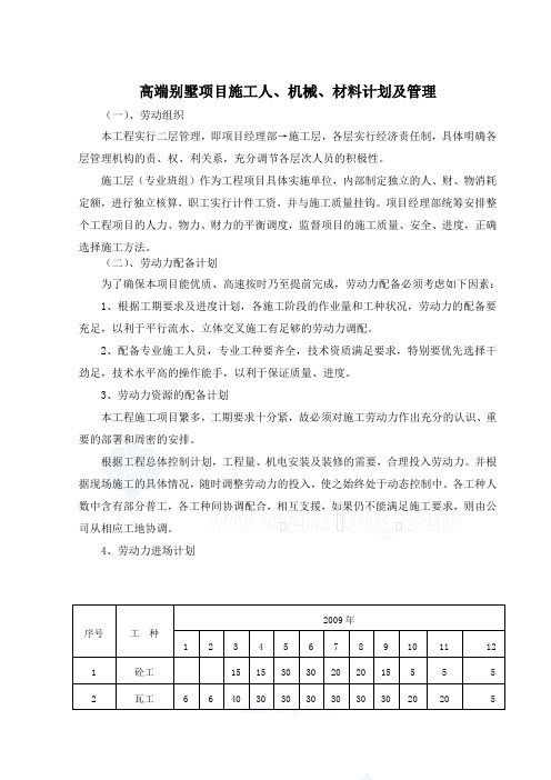 高端别墅项目施工人机械材料计划及管理