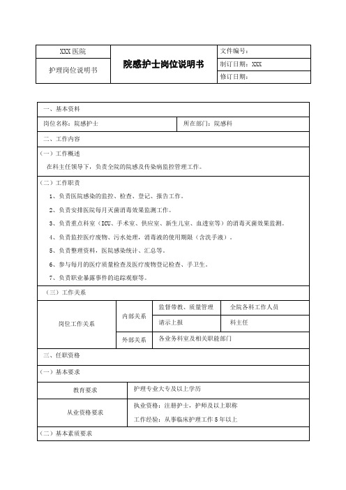 院感护士岗位说明书