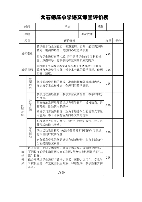 小学语文课堂教学评价表