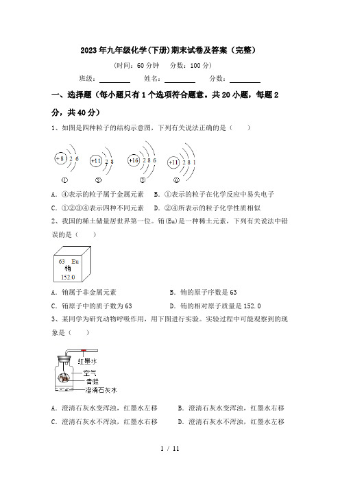 2023年九年级化学(下册)期末试卷及答案(完整)