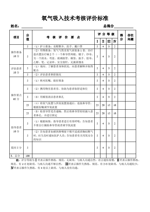 氧气吸入技术考核评价标准