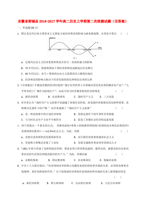 安徽省舒城县2016-2017学年高二历史上学期第二次统测试题(无答案)
