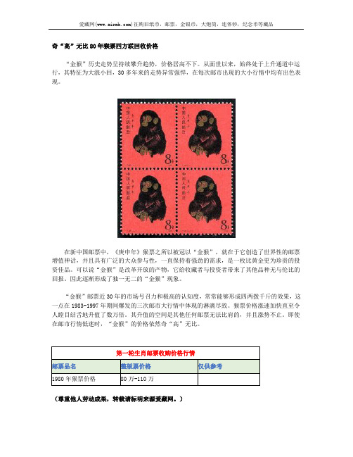奇“高”无比80年猴票四方联回收价格