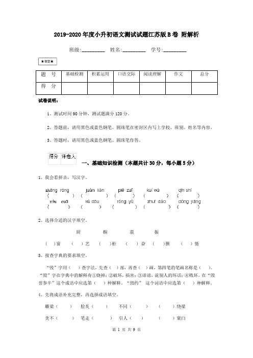 2019-2020年度小升初语文测试试题江苏版B卷 附解析