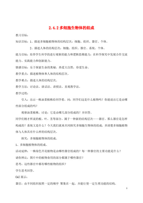 七年级生物上册2.4.2多细胞生物体的组成教案(新版)苏教版