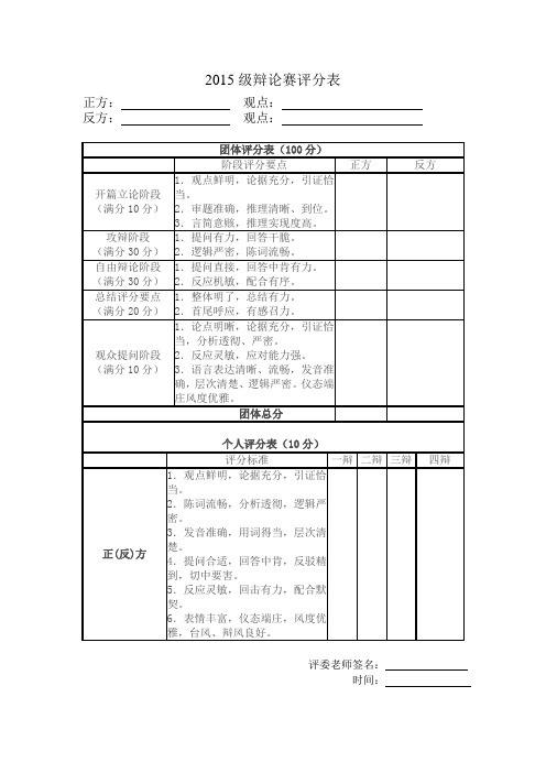 高2015级辩论赛评分表100分制