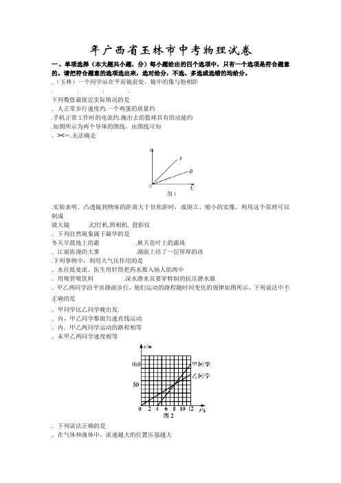 玉林市、防城港市中考物理试题含答案