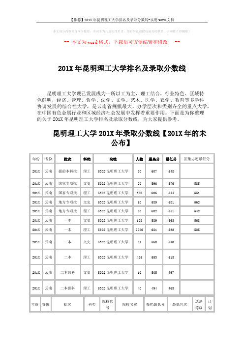 【推荐】201X年昆明理工大学排名及录取分数线-实用word文档 (5页)